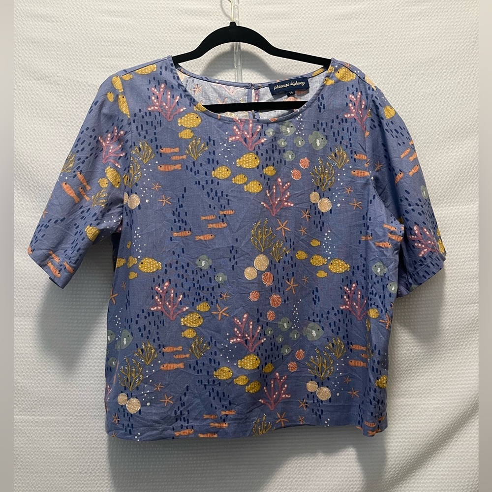 MODCLOTH X PRINCESS HIGHWAY Unique Ocean print Linen blouse XL